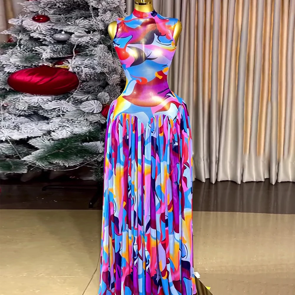 Damen 2026 Frühjahr Mode Batik-Druck Illusion Plissiertes Maxikleid Ärmellos Tailliert Elegante Partykleider – Detail 4