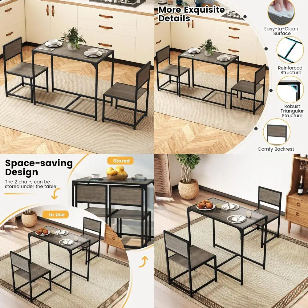 

Industrial Style 3-Piece Metal Frame Dining Set with Wood Grain Top for 2, Compact Space-Saving Dinette