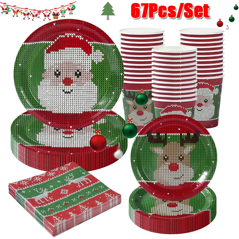 

67Pcs/Set Christmas Santa Elk Disposable Tableware Xmas Plates Cups Merry Christmas Decor For Home Cristmas New Year Suppies