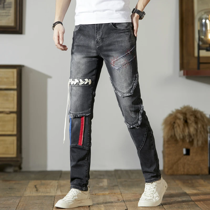 Men's Stitching Jeans Trendy Retro Washed Black Personalized Handsome Slim-Fitting Stretch Pencil Pants Motorcycle Long Pants