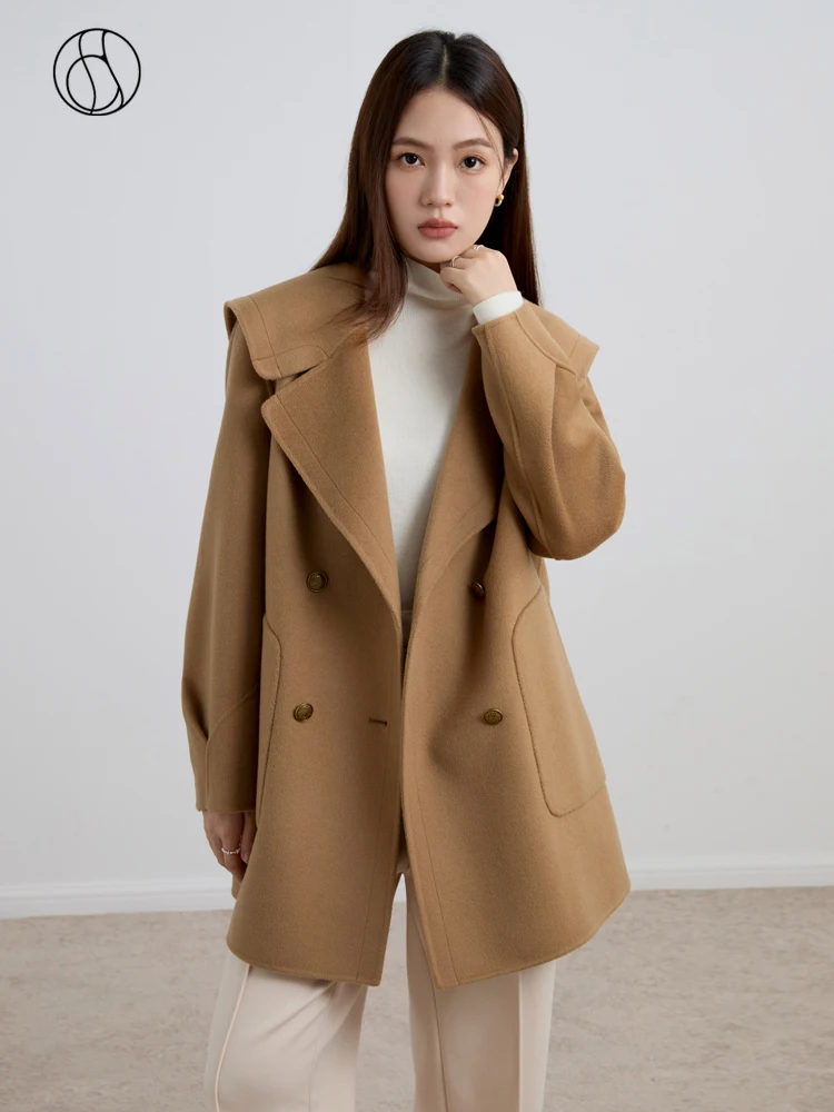 

DUSHU 100% Wool Navy Collar Women Khaki Temperament Woolen Coat One Hand Long Female Double Breasted Black Woolen Jackets