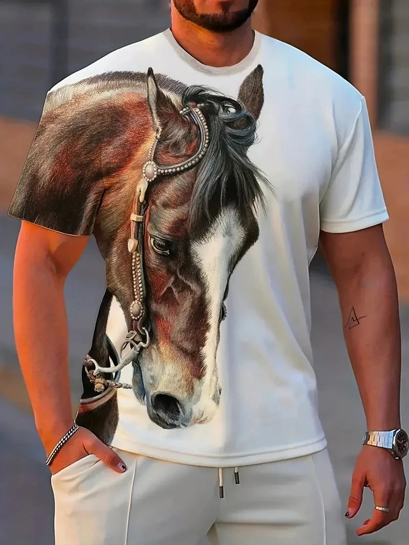 Men Realistic Horse Graphic T‑Shirt 3D Animal Equine Portrait Print Short Sleeve Crew Neck Casual Street Tops