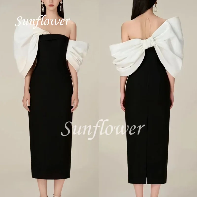 Sunflower Sexy Strapless Bow Tea-Length Satin Evening Dress 2023 Contrast Color Three Quarter Sleeve Mermaid High-end Customed