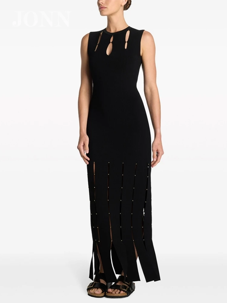 

JONN Sexy O Neck Sleeveless Hollow Out Fringe Dress Women Black Beaded Tank Split Long Elegant Evening Party Gowns