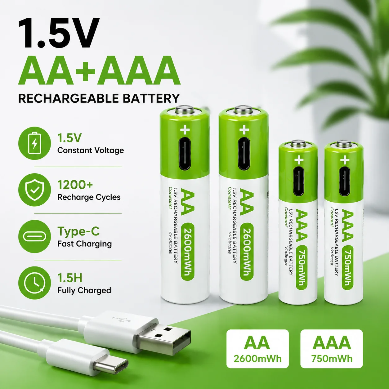 1.5V AA AAA Rechargeable Battery Li-ion 2600mWh 750mWh Type-C USB Charging Battery with Cable for Clock Mouse Shaver Thermometer