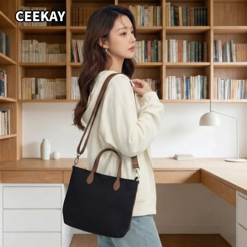 CEEKAY Women's Tote Bag Black Canvas Splice Leather Small Shoulder Handbag Top Handle Long Strap Daily Commute Casual Minimalist
