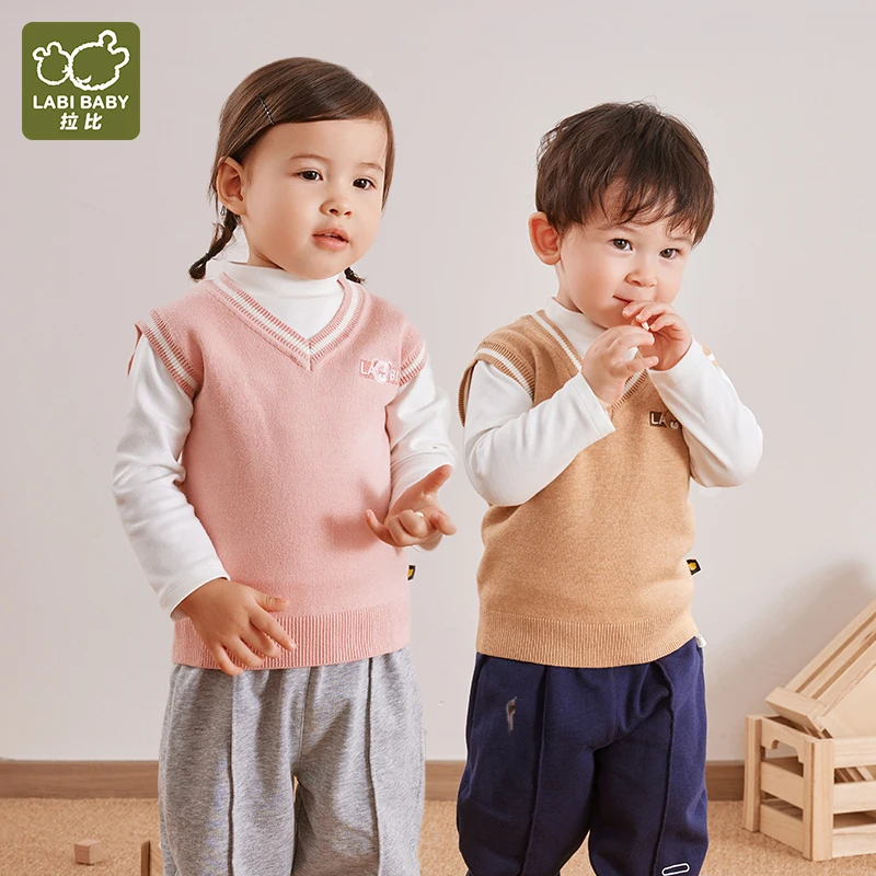 

LABI BABY Autumn Sweater Vest Boys Girls Sleeveless Vests Top Thin Knit Sweater Kids Clothes Khaki Blue White Pink Color