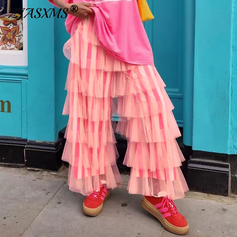 

Casual Striped Print Patchwork Layered Mesh Pants Woman Spring High Waist Pleated Trousers Summer Streetwear Straight Sweatpants