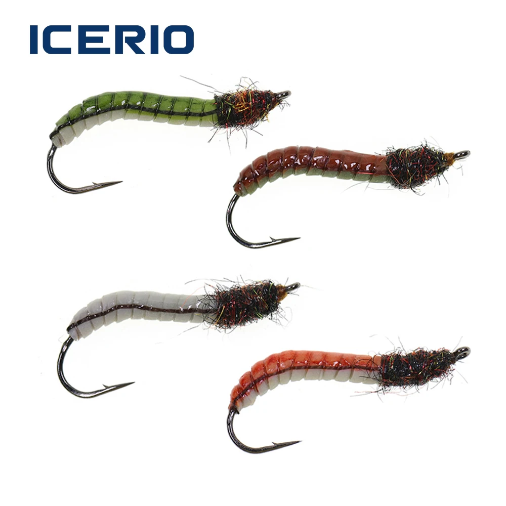 ICERIO # 12 señuelos luminosos UV con forma de gusano, cebo de látex epoxi con forma de larva, señuelo artificial de pesca con anzuelo de púas para trucha, lubina, pez azul y pez pequeño.