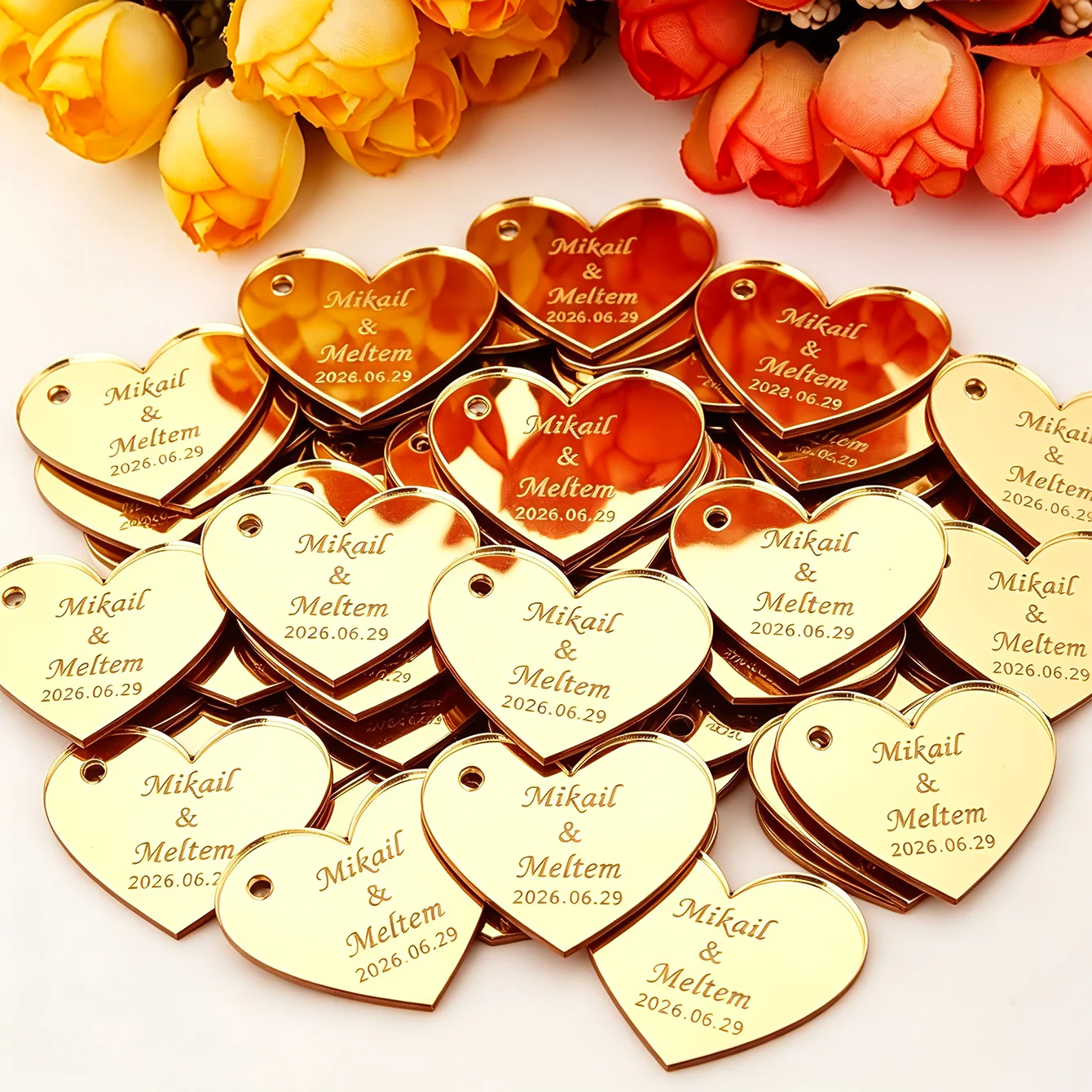 100pcs custom heart-shaped tags: personalized acrylic mirror wedding favors, small heart-shaped, personalized acrylic heart-shaped mirror wedding and engagement souvenir tags, custom acrylic name gift tags, personalize