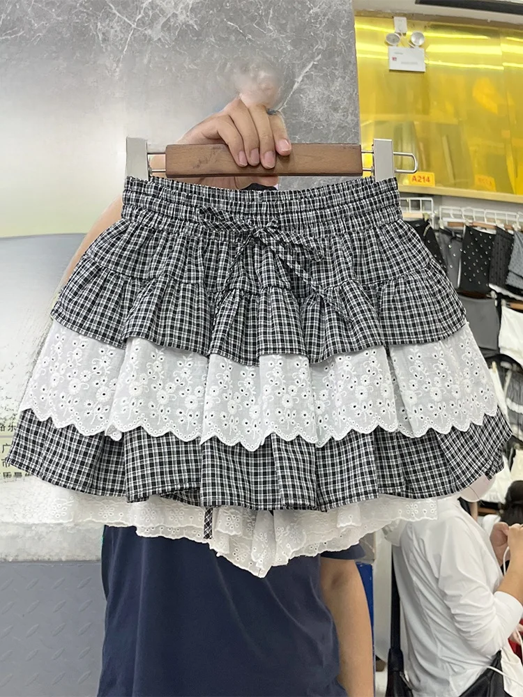 

Юбка с высокой талией в клетку для женщин, летняя новинка, с кружевной отделкой, повседневная, А-силуэт, больших размеров, в милом стиле, многоярусная юбка-кейк