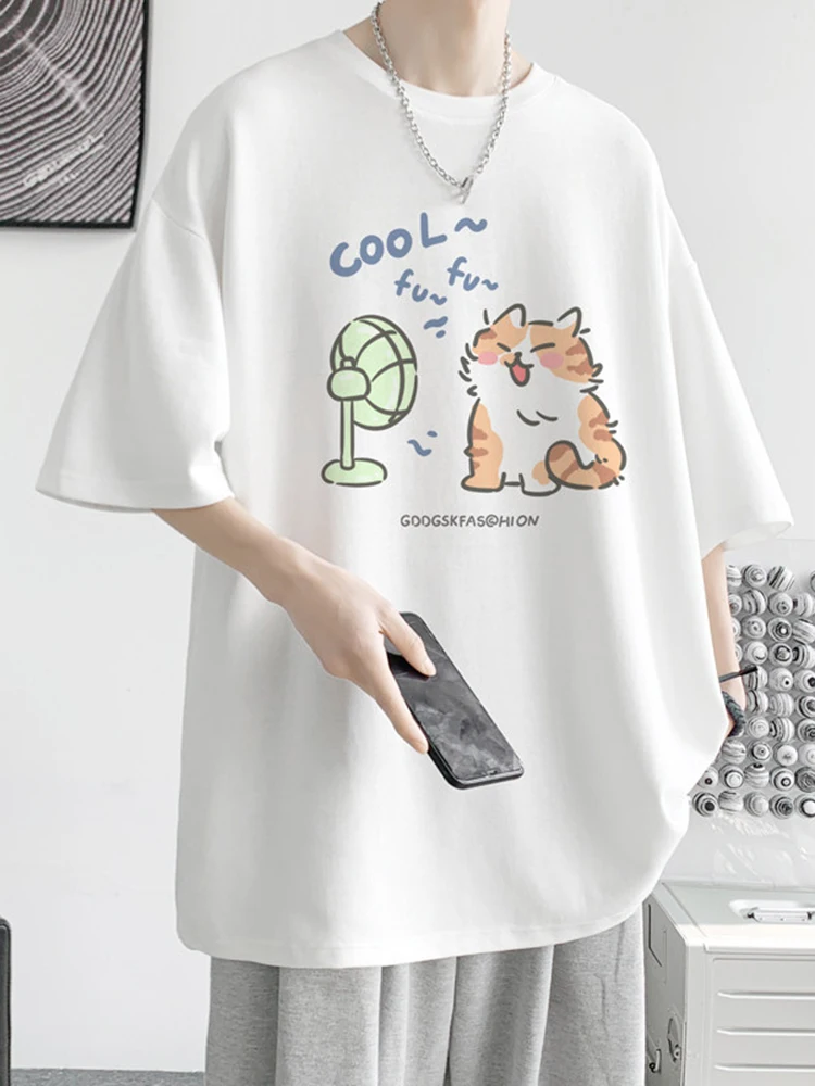 

Мужская летняя футболка из плотного чистого хлопка с коротким рукавом, модная, свободного кроя, с принтом, для молодежи и пар