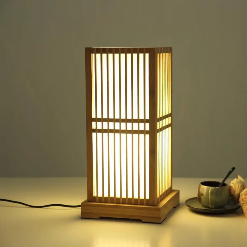 Japanese Style Bamboo Wood Table Lamp Simple Warm Light Bedroom Bedside Decor Tatami Floor Lamp for Tea Room Living Room Home