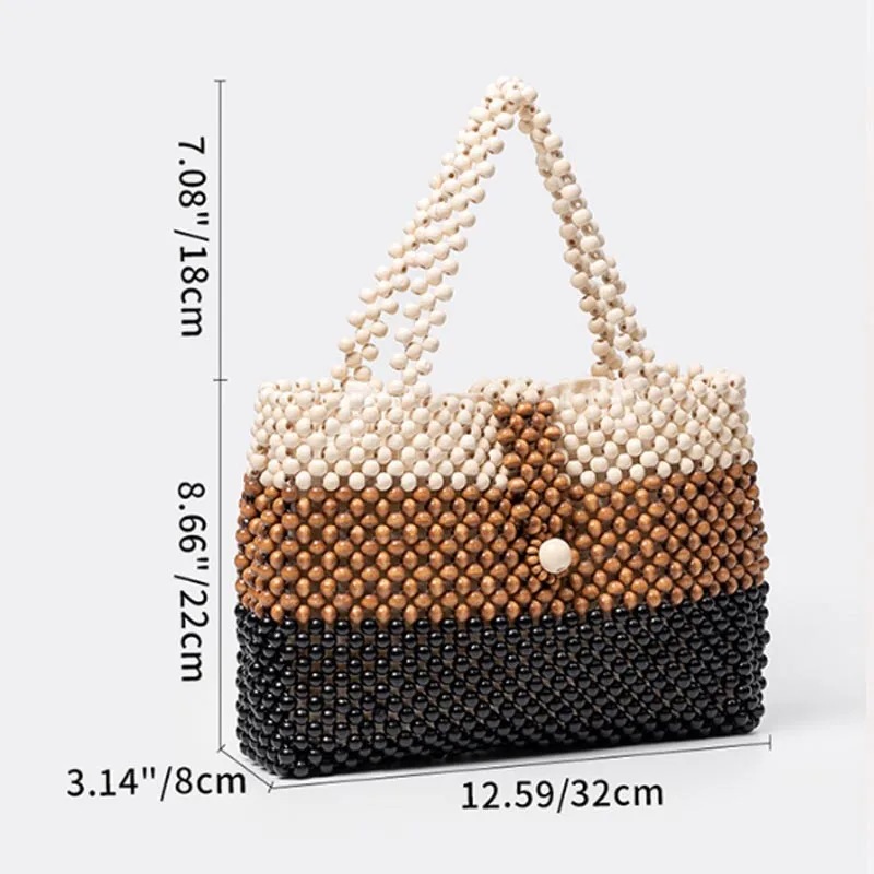 Vintage Beaded Woven Women's Bag New Contrasting Colors Handmade Wooden Bead Shoulder Bag Large Capacity Tote Bag Women Handbag