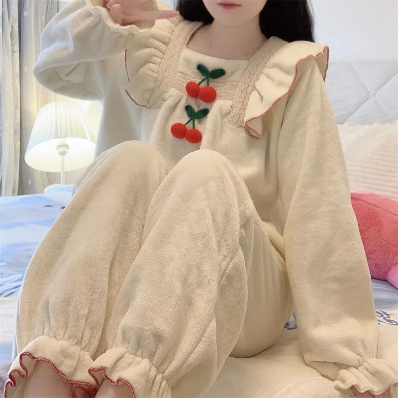 

Sweet Cute Girls Cherry Thick Pajamas Women Winter Korean Version Sleepwear Princess Flower Home Suit Famale Loose Outerwear Set