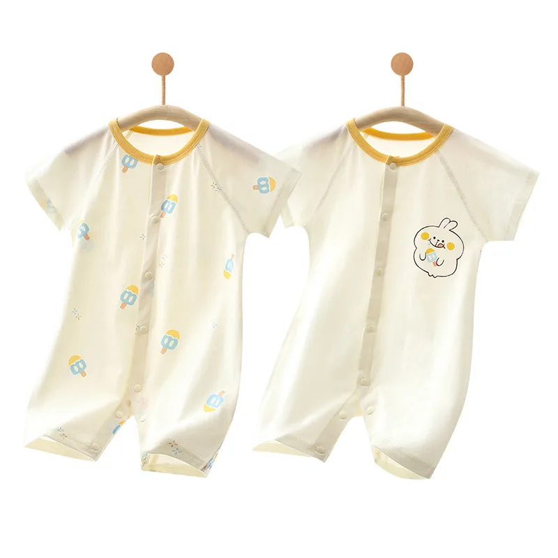 2pcs Summer Soft Cotton Thin Baby Short Sleeved Jumpsuit for Boys Girls Infant Cute Cartoon Snap-fastener Toddler Crawling Suit