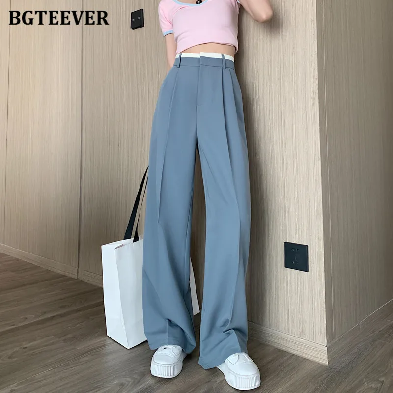 

BGTEEVER Stylish Loose Pockets Female Long Pants Spring Summer High Waist Patchwork Women Wide Leg Trousers