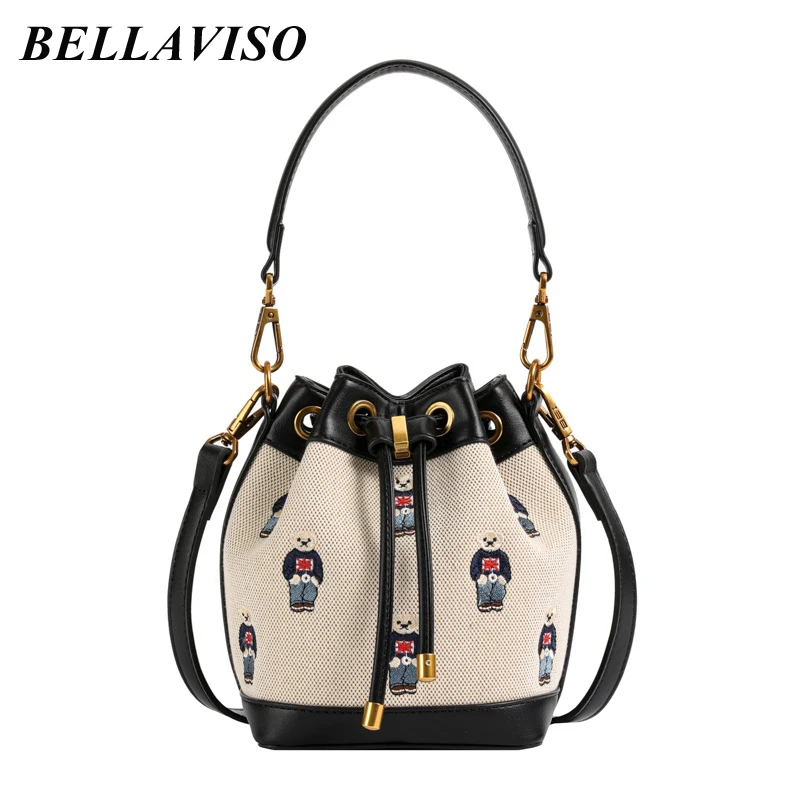 

BellaViso Simple Portable Women's Canvas Drawstring Crossbody Bag Female's Cartoon Bear Pattern Bucket Shoulder Bags BLCR-37