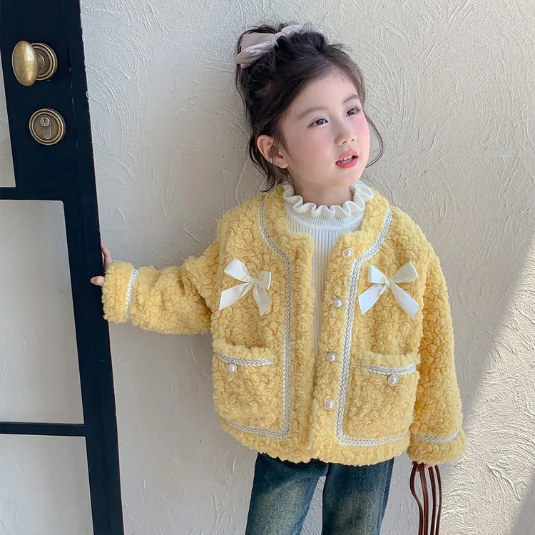 Cute Toddler Girl's Yellow Fleece Jacket: Bow Decor, Warm Plush Coat, Sweet Ruffle Neck, Fashion Autumn/Winter Outwear for Kids