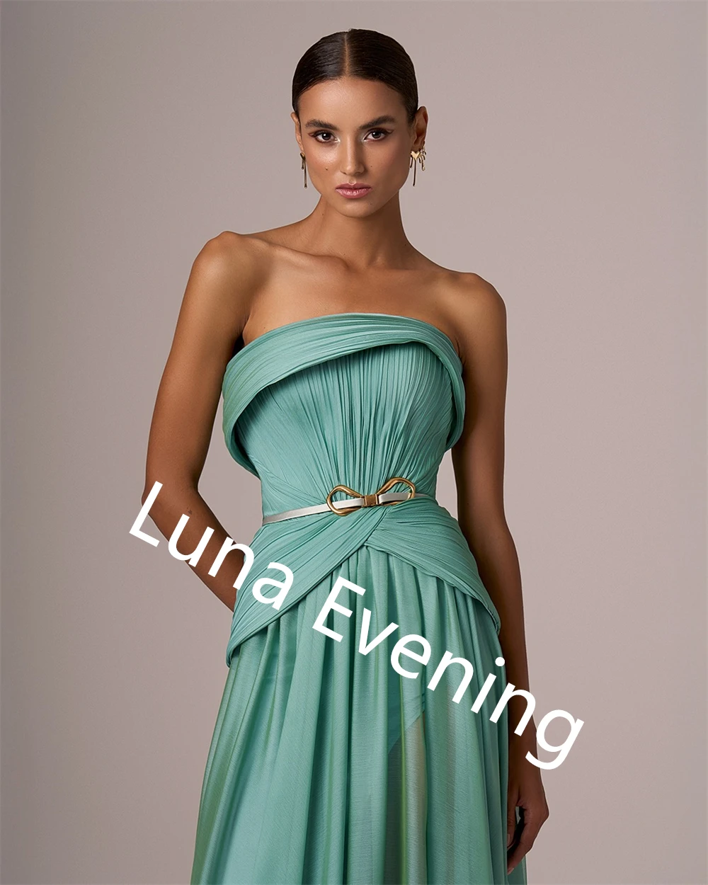 Customized  Delicate  Green Chiffon Evening Dress Strapless Sleeveless Celebrity Gowns Belt Special Occasion Gowns Luxu image 4
