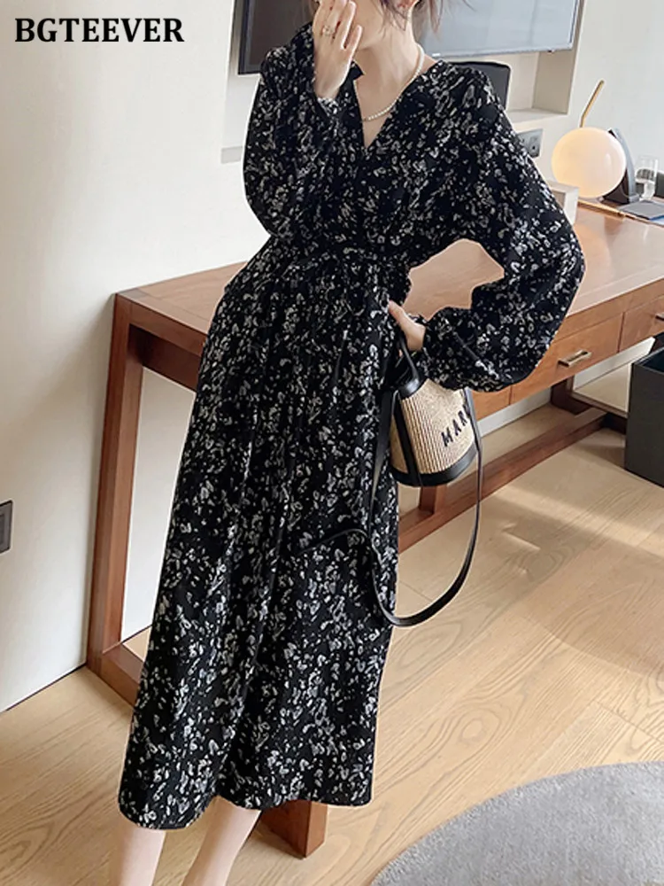 BGTEEVER Spring Summer V-neck Floral Dresses Women Vintage Long Sleeve Slim Waist Lace-up Female A-line Dress Ladies Vestidos