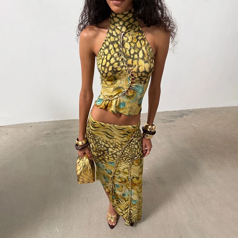 Sexy Low Waist Top+Irregular Skirt 2pc Set Retro Print Off The Shoulder Club Party Suit Elegant Hanging Neck Tie Backless Outfit