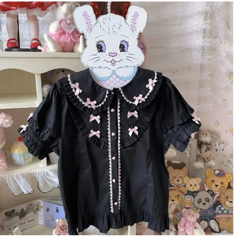 Gothic Y2k Lolita Short Sleeve Shirts Soft Girl Kwaii Peter Pan Collar Bowknot Tops Sweet Cute Clothing Victorian Vintage Blouse