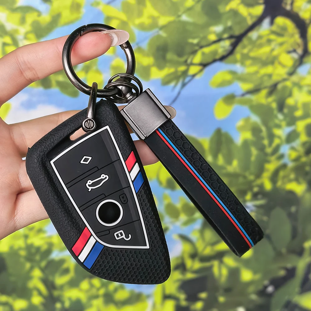 Flexible Tri‑Color Striped Remote Key Case with Keychain for BMW X1 X3 X5 Series 1 2 5 Wear‑Resistant Silicone Fob Shell