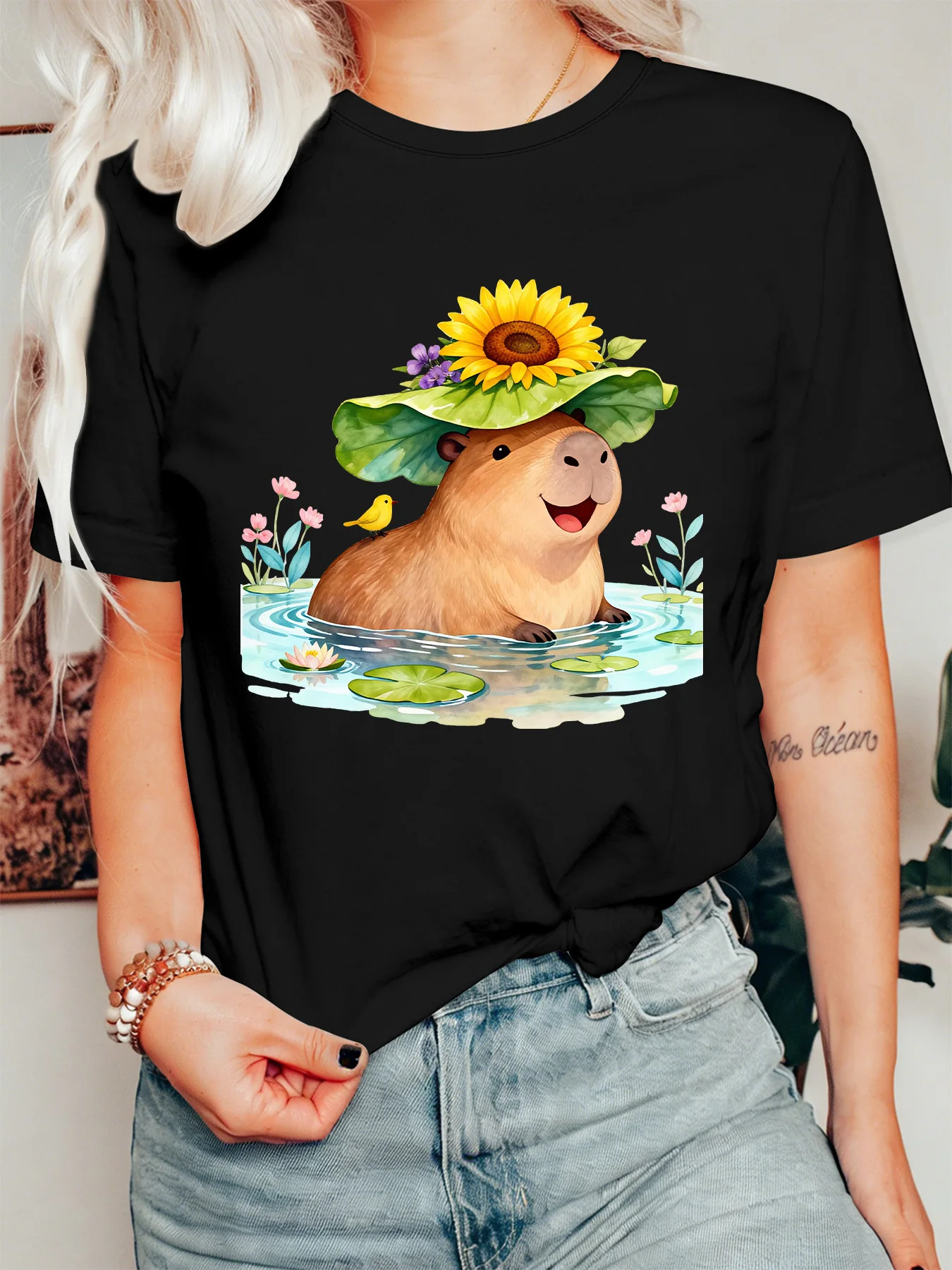 Cute Capybara Sunflower Leaf Hat Womens Crew Neck Short Sleeve T Shirt Water Lily Bird Nature Art Casual Graphic Tees For Ladies