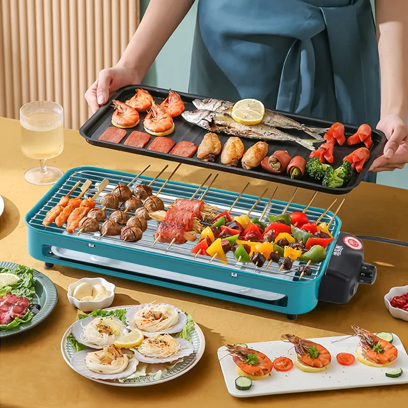 ماكينة شواء مستطيلة قابلة للفصل منزلية متعددة الوظائف 220 فولت شواء خارجي غير لاصق مع صينية خبز وشبكات ولوحة زيت