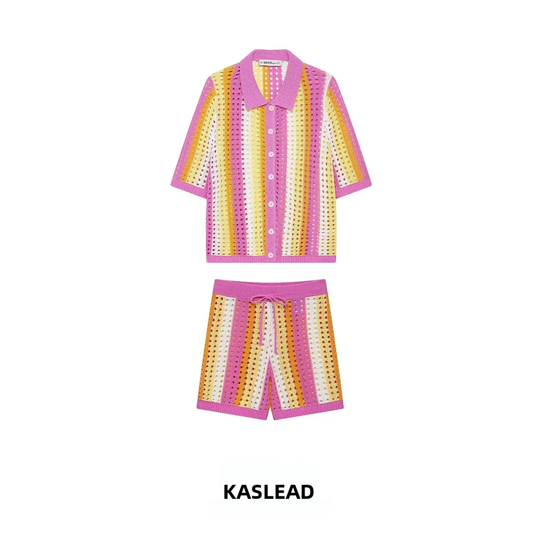 

KASLEAD New Women's Hollow out Striped Knitted Jacket Shorts Set Summer Fashion Outerwear Short Pants Sleeve Length Pattern