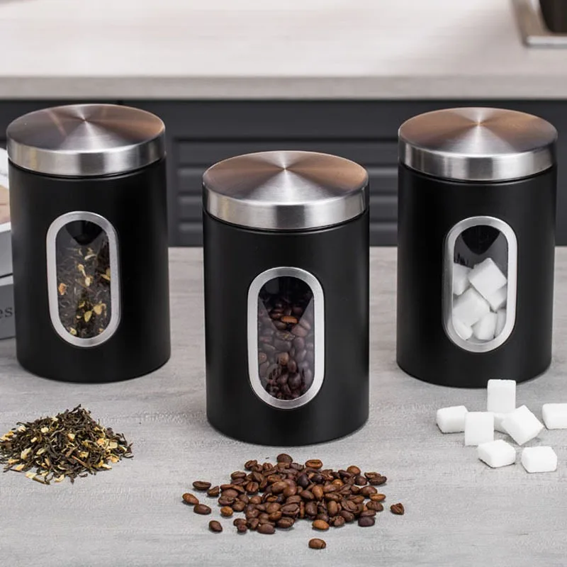 Sealed Tea Coffee Sugar Grain Storage Jar Box Food Container Canister Set of 3 with Lid Stainless Steel Kitchen Organizer Jar