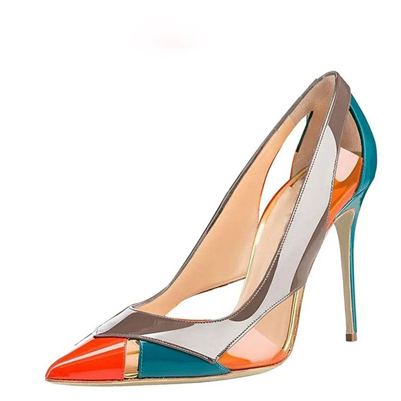 Spring and summer new pointed patent leather O stitched stitched sandals banquet large size customized high-heeled women's shoes