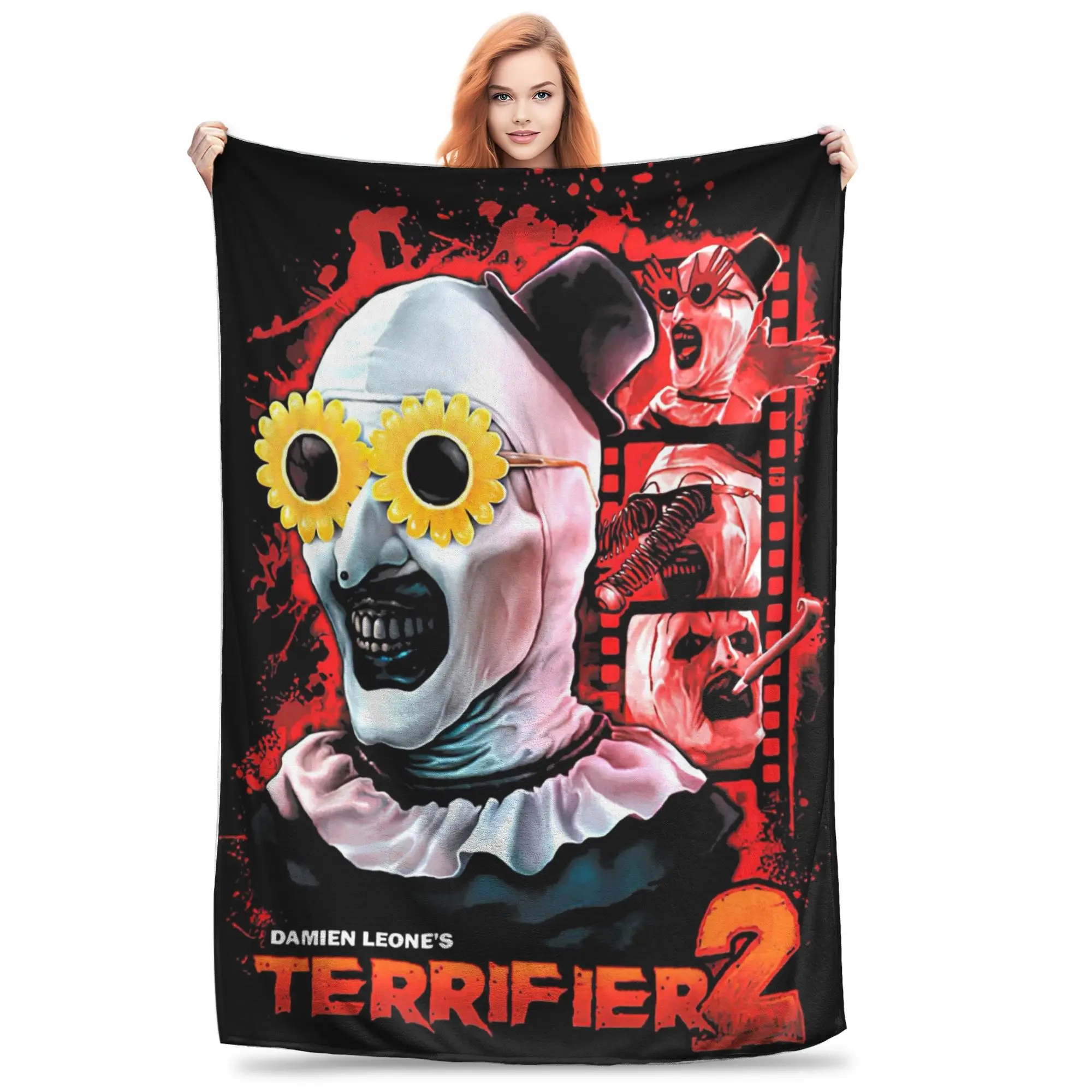 Flannel Throw Blanket Terrifier 2 Movie Art The Clown Warm Plush Blankets Soft Bedspread for Bed Living room Home Travel Sofa