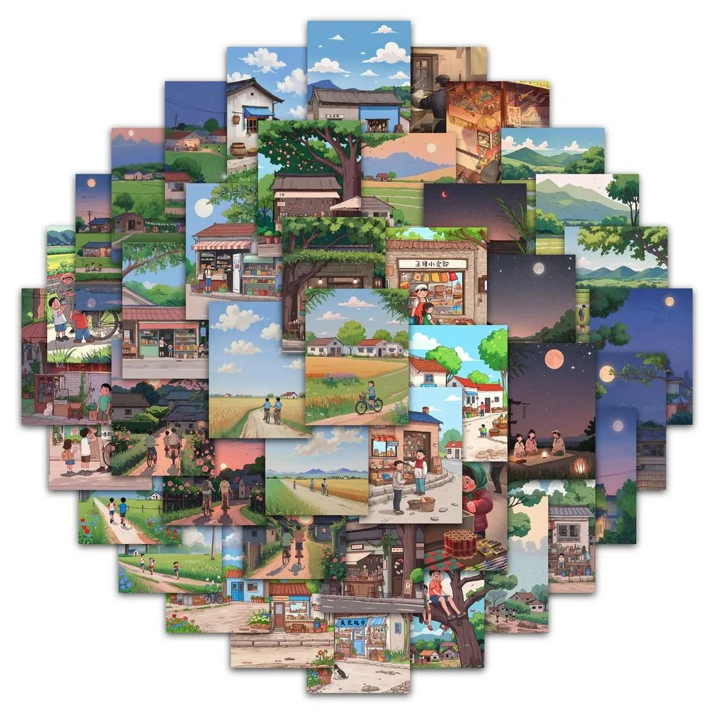 60PCS Cartoon Die schöne Landschaft meiner Heimatstadt während der Kindheit Graffiti Aufkleber für Federmäppchen Aufkleber Anime Worlds Store