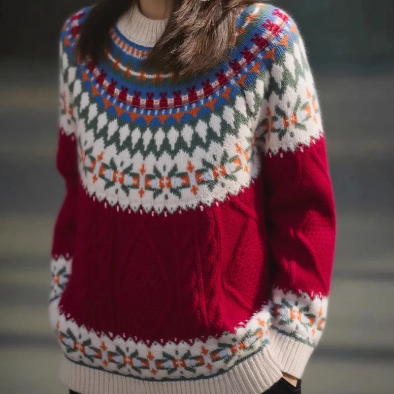 

New Year Christmas Jacquard Women's O-Neck Thick Pullover 100% Pure Wool Knit Sweater with Loose Casual Design for Winter