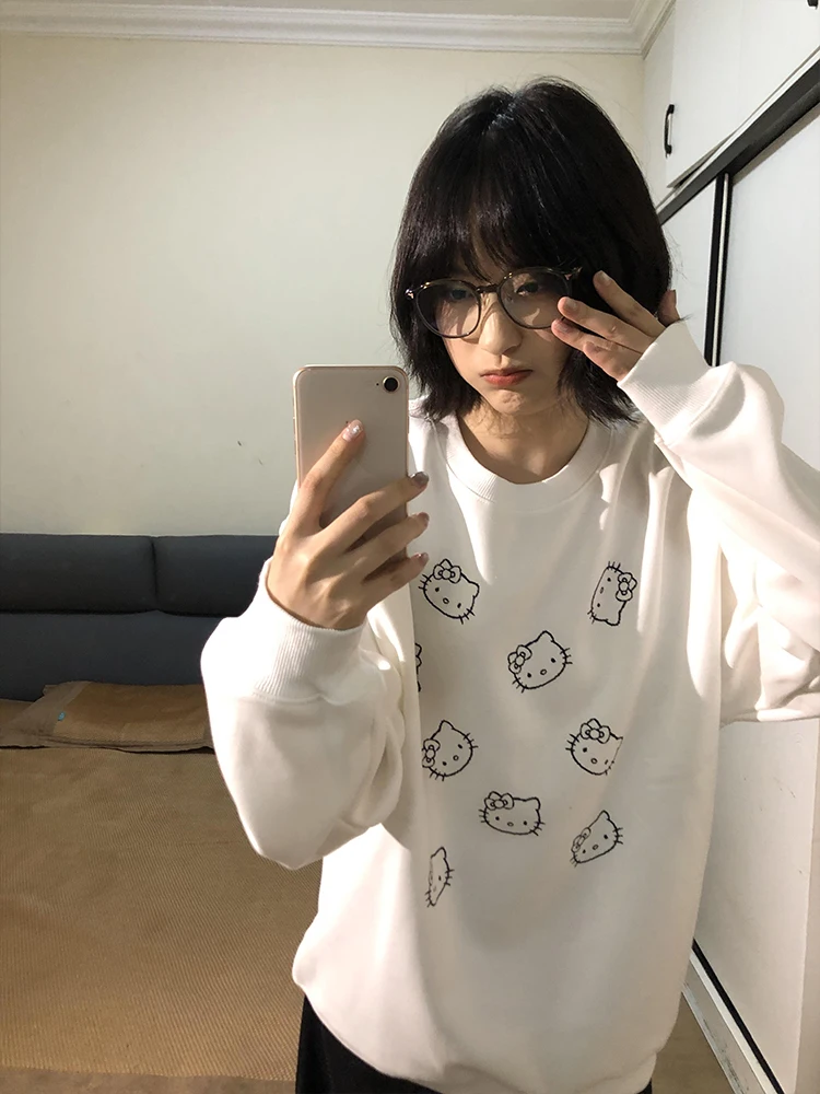 Kit redondo Ne Sweatshirt Feminino Outono Inverno Thiened Fce Long Sve Lazy Chic Hoodie Casual Confortável Top