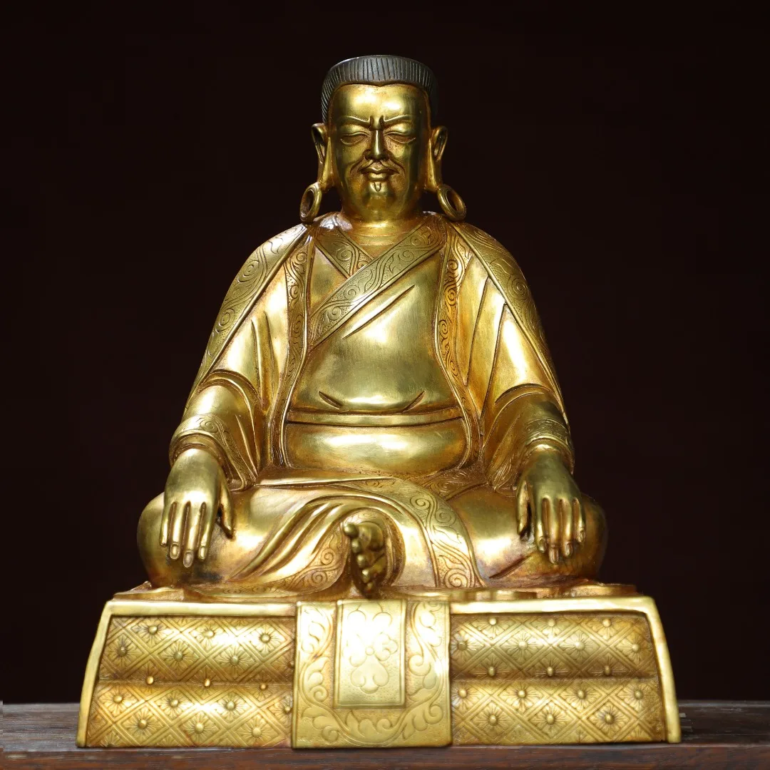 

12"Tibetan Temple Collection Old Bronze Gilded Cinnabar Marpa Sitting Buddha Guru Buddhist Teacher Worship Hall Town house