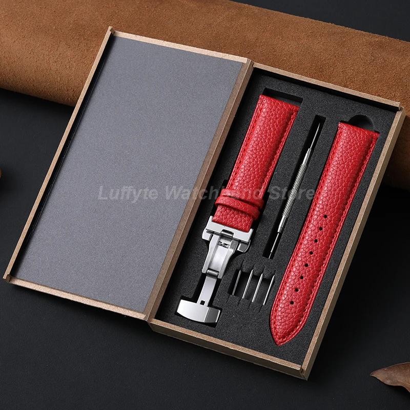 Damen Mode Lychee-Leder Uhrenarmband mit Schmetterlingsverschluss und Geschenkbox 18mm 20mm 22mm Klassisches Ersatz-Uhrenband