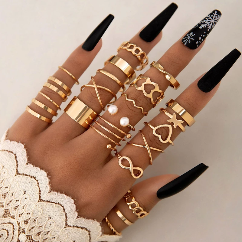 Vintage Elegant 66 Piece Fashion Ring Set Gold Color Pearl Geometric Rings Design for Women Daily Party Wear Jewelry Gifts 2024