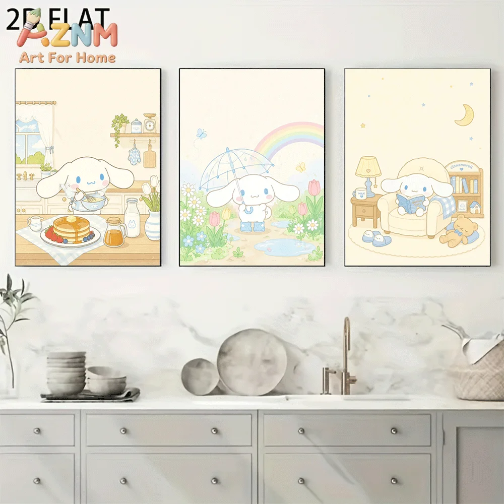 AZNM Cinnamoroll Canvas Wall Art Unframed Cute Cartoon Print Poster Kitchen Baking Rainbow Umbrella Flower Reading Book Moon Des