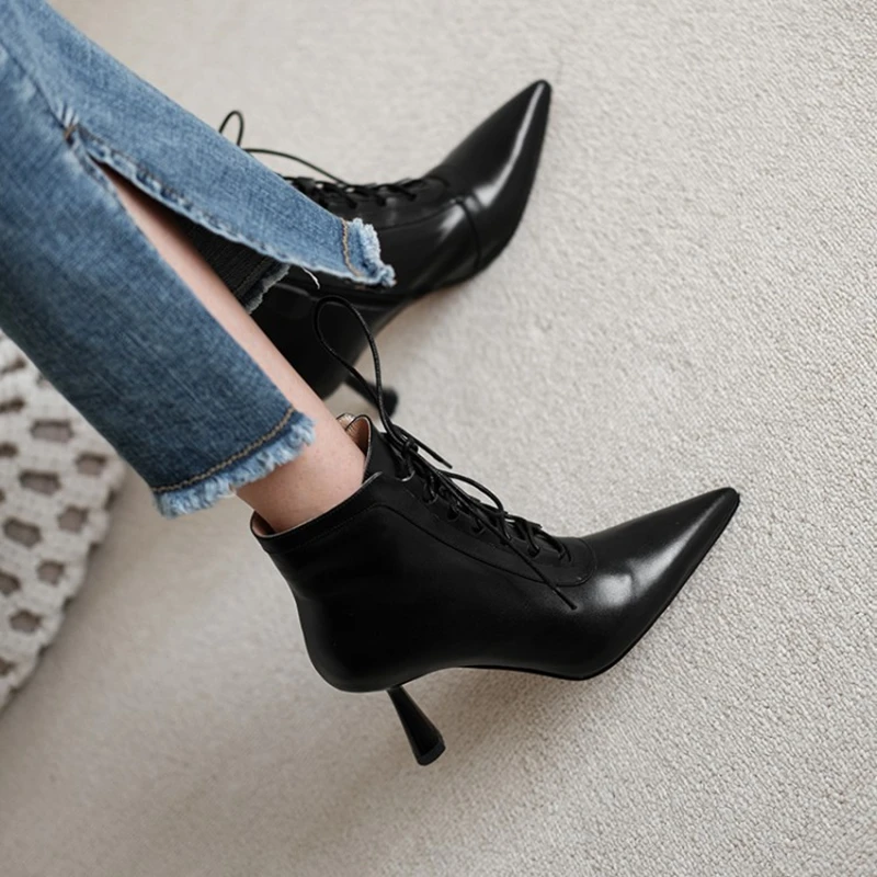 NEW Fall Shoes Women Pointed Toe High Heel Shoes Split Leather Shoes Thin Heel Ankle Boots Women Sexy Mature Zipper Modern Boots