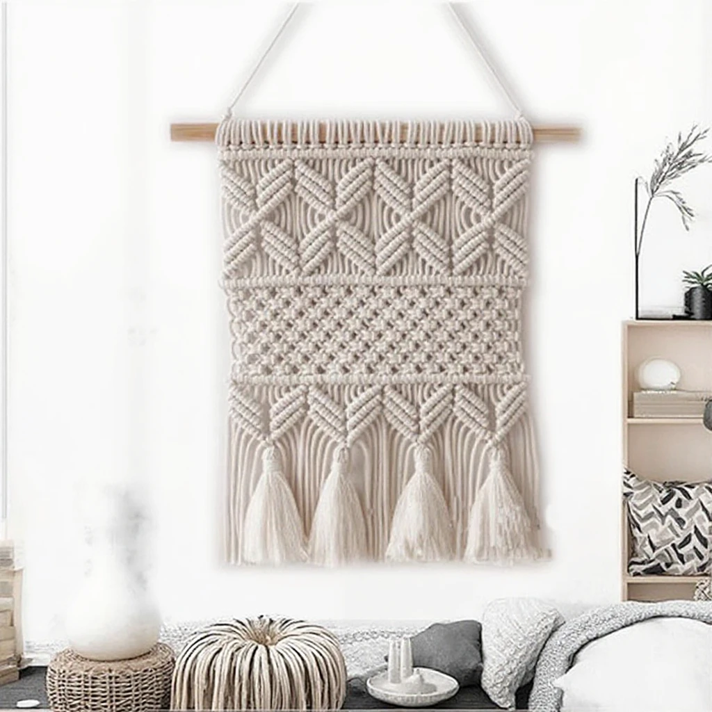 Handcrafted Fabric Tassels Macrame Wall Hanging, Artistic Tapestry for Living Room & Home Wall Decoration