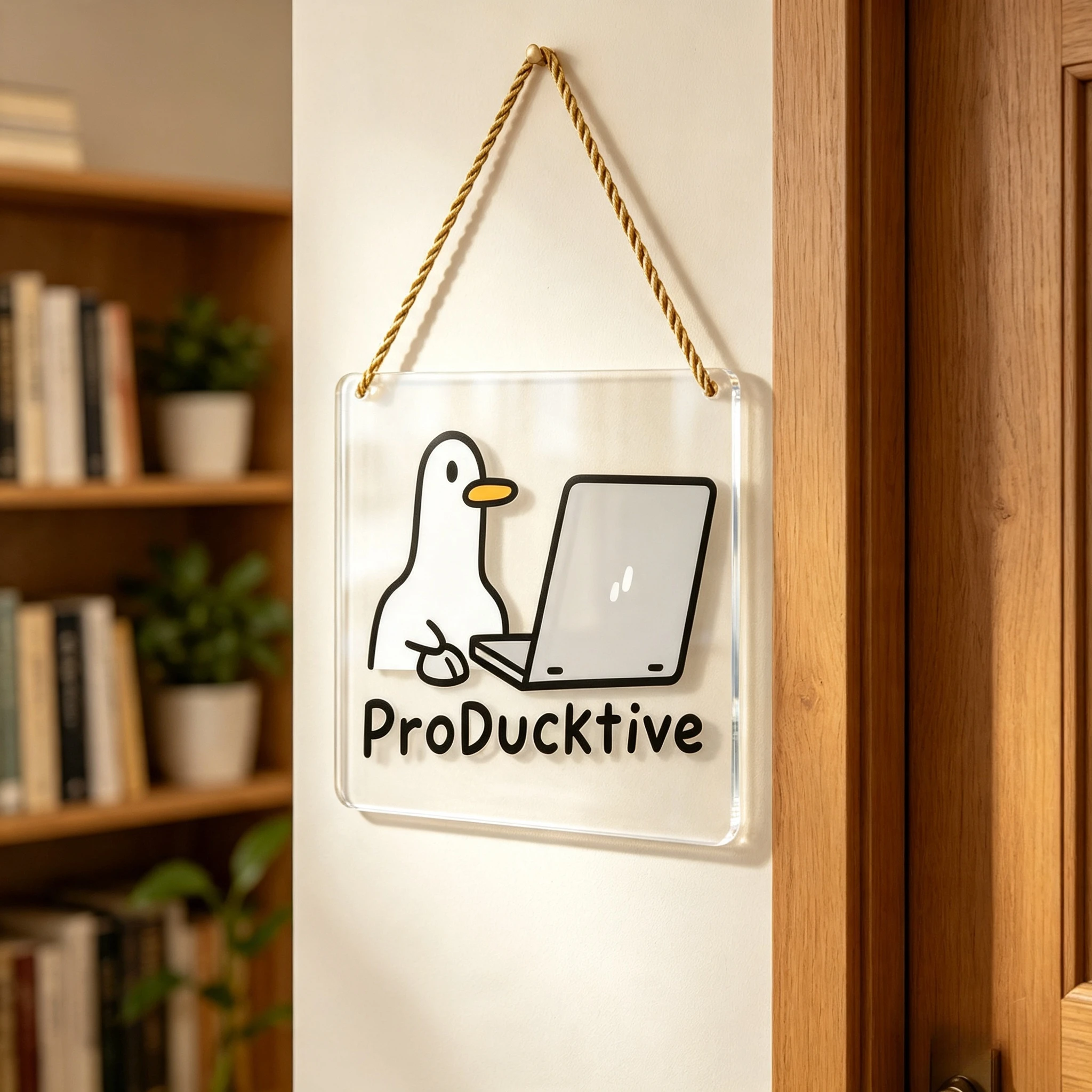ProDucktive Cartoon Duck Laptop Acrylic Hanging Sign Office Wall Decor,Funny Duck ProDucktive Pun Acrylic Hanging Plaque Workspace Decor