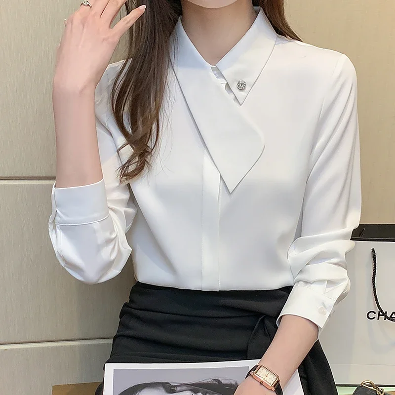 Women Long Sleeve Chiffon T-shirts 2023 Spring Autumn Turn Collar Office Lady Elegant Fashion Loose Tops Female Patchwork Tshirt