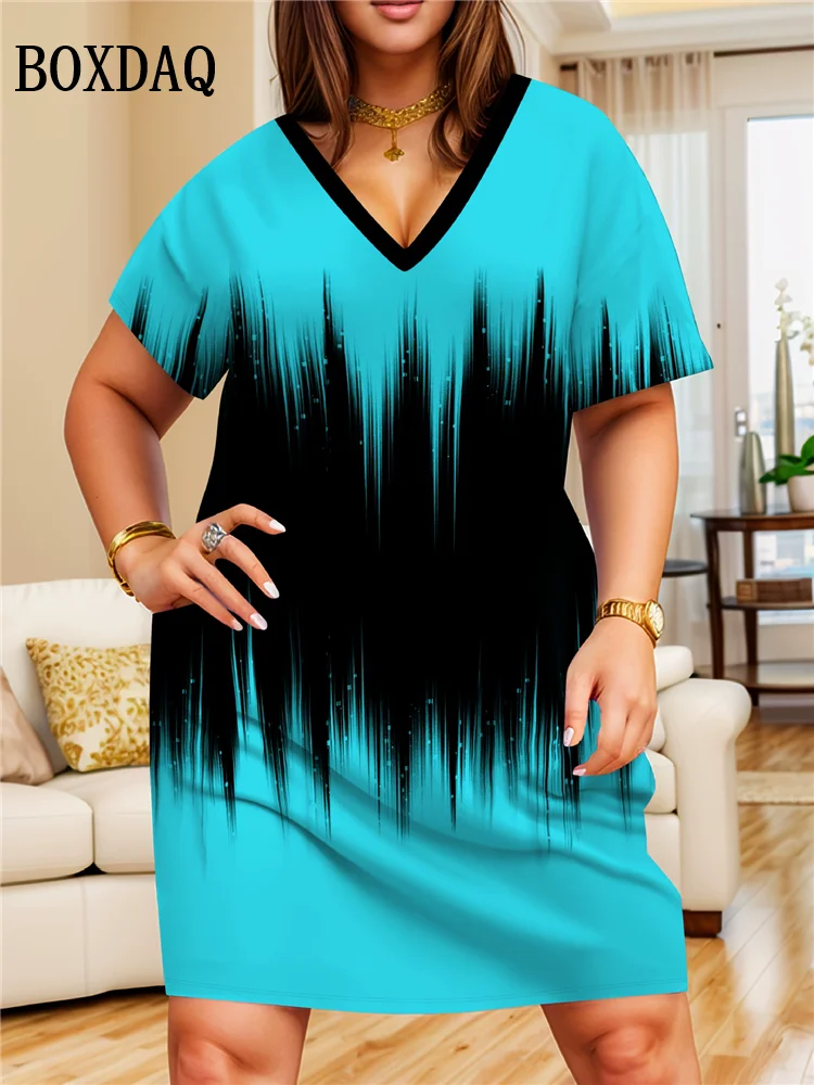 

Gradient Dresses Summer Elegant Women'S Clothing Fashion Print Short Sleeves Loose Dress Plus Size Casual V-Neck Party Dress 6XL