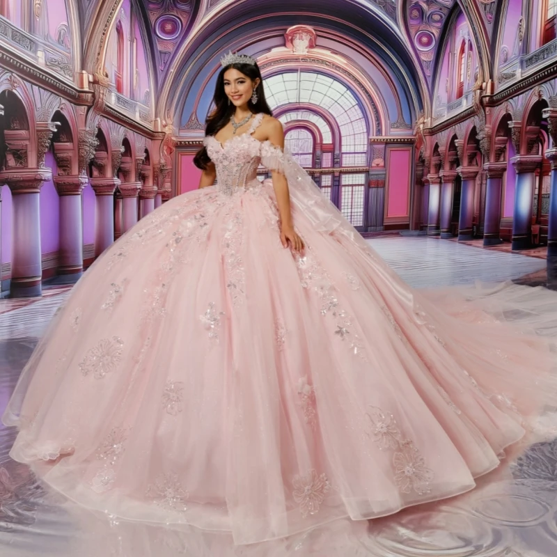 

Pink Shiny Quinceanera Dresses Ball Gown Off The Shoulder Sequin Applique Lace Beading Crystal Bow Tull Corset Party Sweet 16