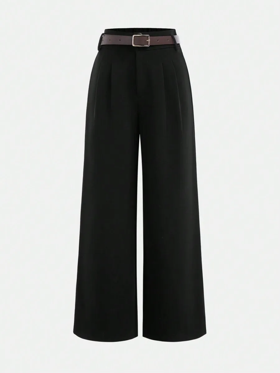 

Black Mid-Rise Wide Leg Pants with Belt for Girls, Loose Fit Elegant Style