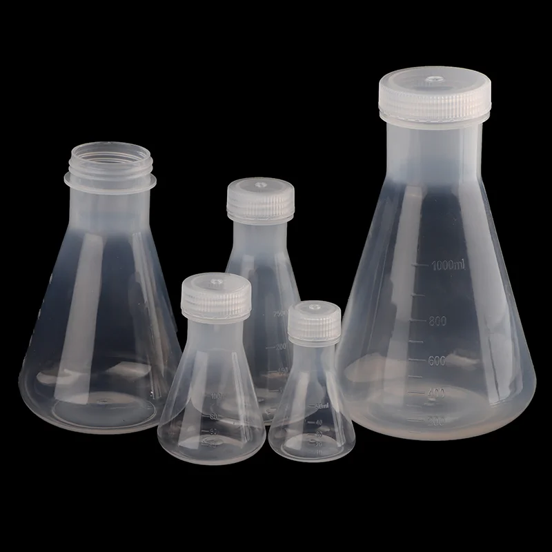 Matraz Erlenmeyer de plástico de laboratorio de 50ml - 1000ml, botella contenedora cónica con tapón de rosca para experimentos de laboratorio