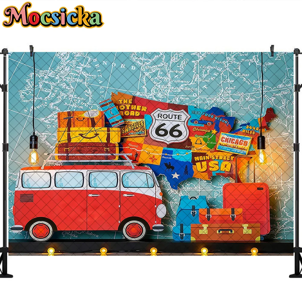 Mocsicka Photography Backdrop Global travel Bus Route 66 Decoration Baby Shower Newborn 1st Party Backgrounds For Photographs